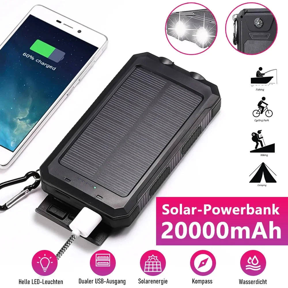 Solcellsdriven powerbank 20000mAh med SOS-ficklampa och USB-portar