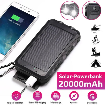 Solcellsdriven powerbank 20000mAh med SOS-ficklampa och USB-portar