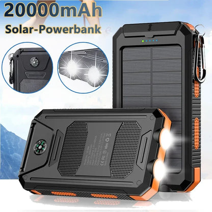 Solcellsdriven powerbank 20000mAh med SOS-ficklampa och USB-portar